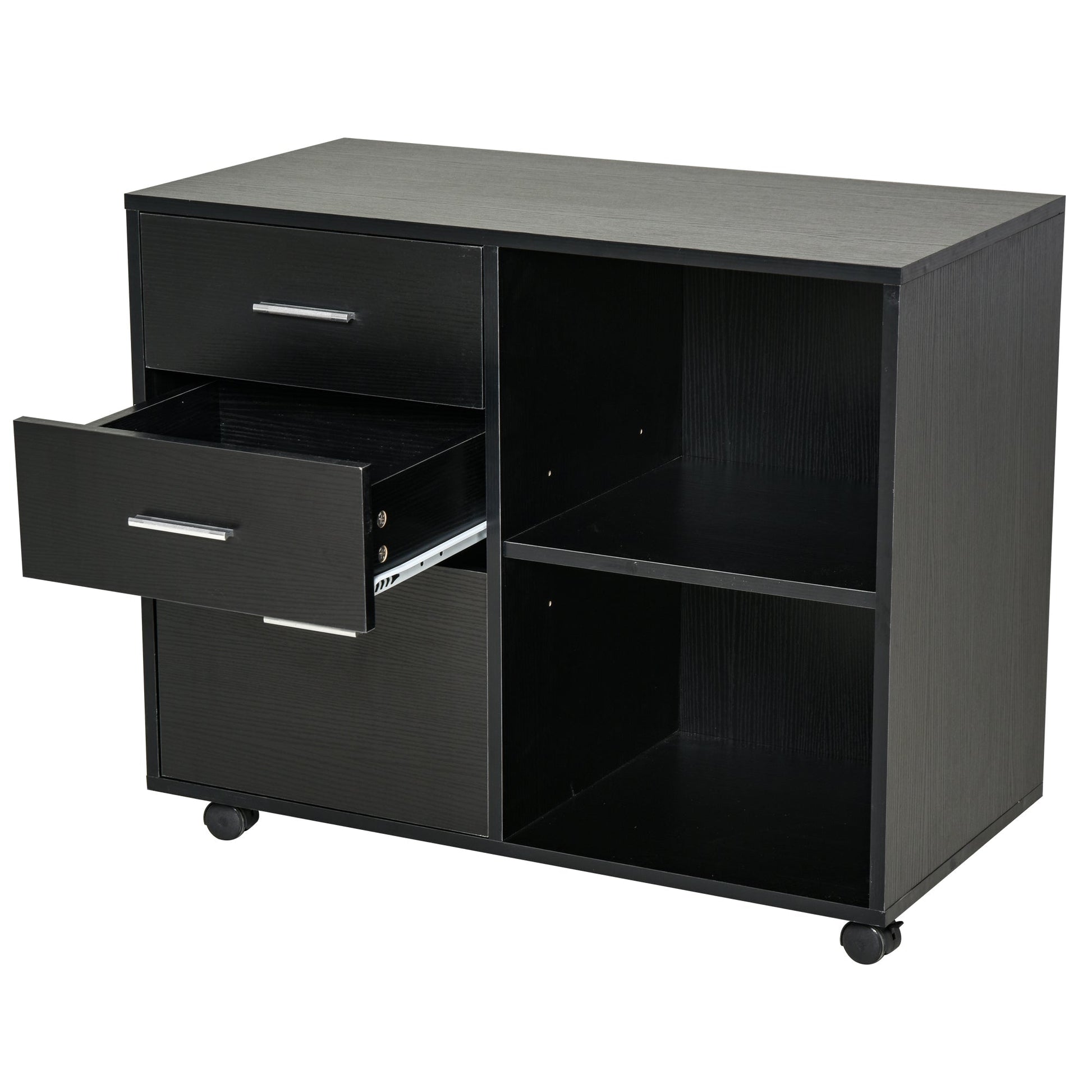 Modern Lateral Filing Cabinet, 3 Drawer File Cabinet, Mobile, Printer Stand with Open Shelves, Rolling Wheels, Black Office Cabinets & Cupboards   at Gallery Canada