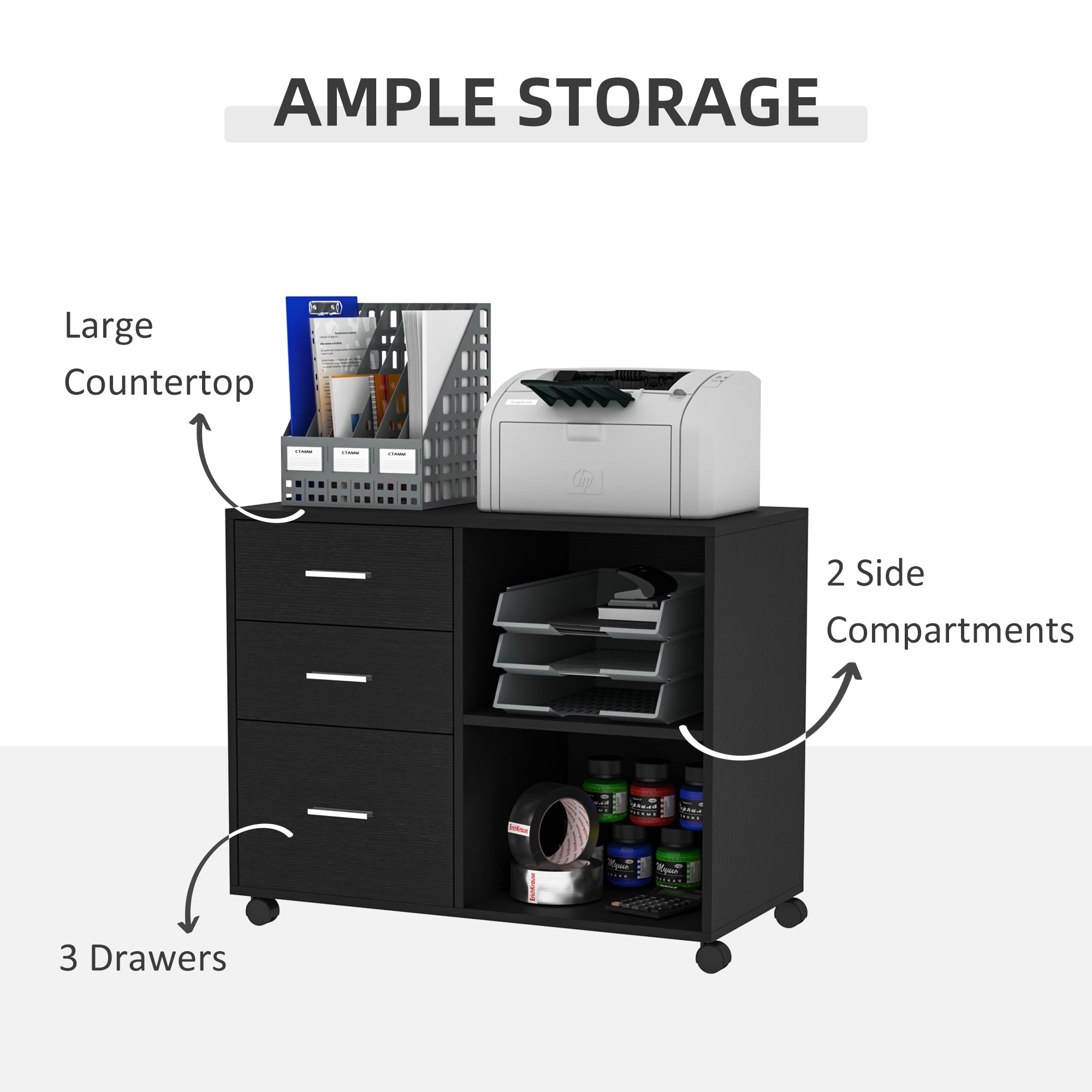 Modern Lateral Filing Cabinet, 3 Drawer File Cabinet, Mobile, Printer Stand with Open Shelves, Rolling Wheels, Black Office Cabinets & Cupboards   at Gallery Canada