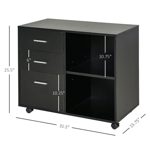 Modern Lateral Filing Cabinet, 3 Drawer File Cabinet, Mobile, Printer Stand with Open Shelves, Rolling Wheels, Black