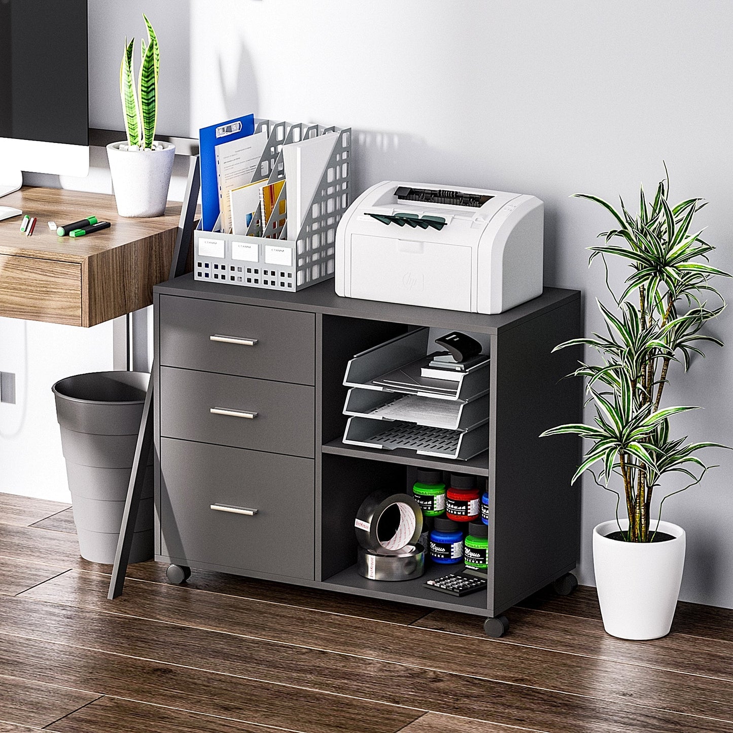 Modern Lateral Filing Cabinet, 3 Drawer File Cabinet, Mobile, Printer Stand with Open Shelves, Rolling Wheels, Grey Office Cabinets & Cupboards   at Gallery Canada