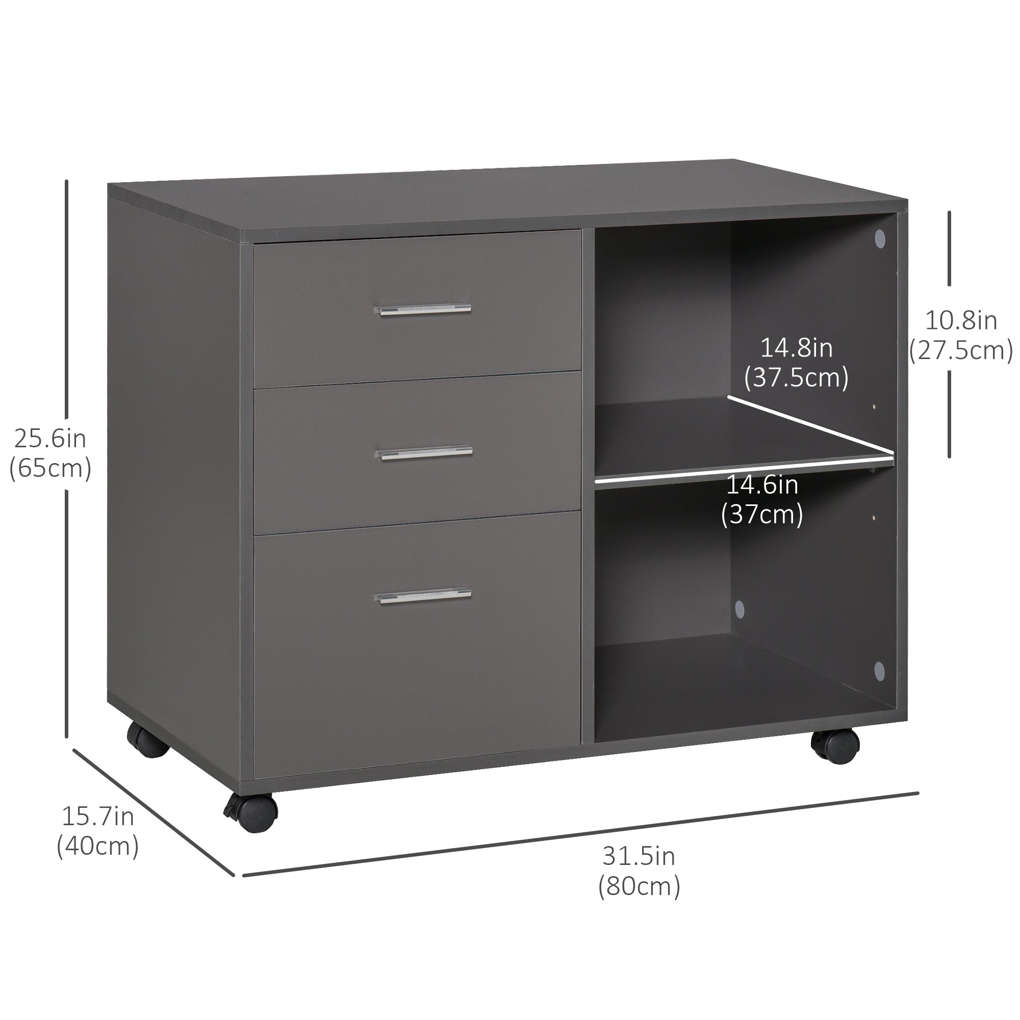 Modern Lateral Filing Cabinet, 3 Drawer File Cabinet, Mobile, Printer Stand with Open Shelves, Rolling Wheels, Grey Office Cabinets & Cupboards Grey  at Gallery Canada