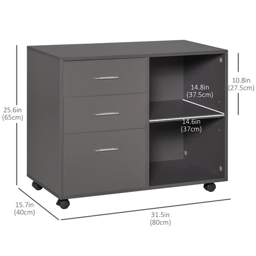 Modern Lateral Filing Cabinet, 3 Drawer File Cabinet, Mobile, Printer Stand with Open Shelves, Rolling Wheels, Grey