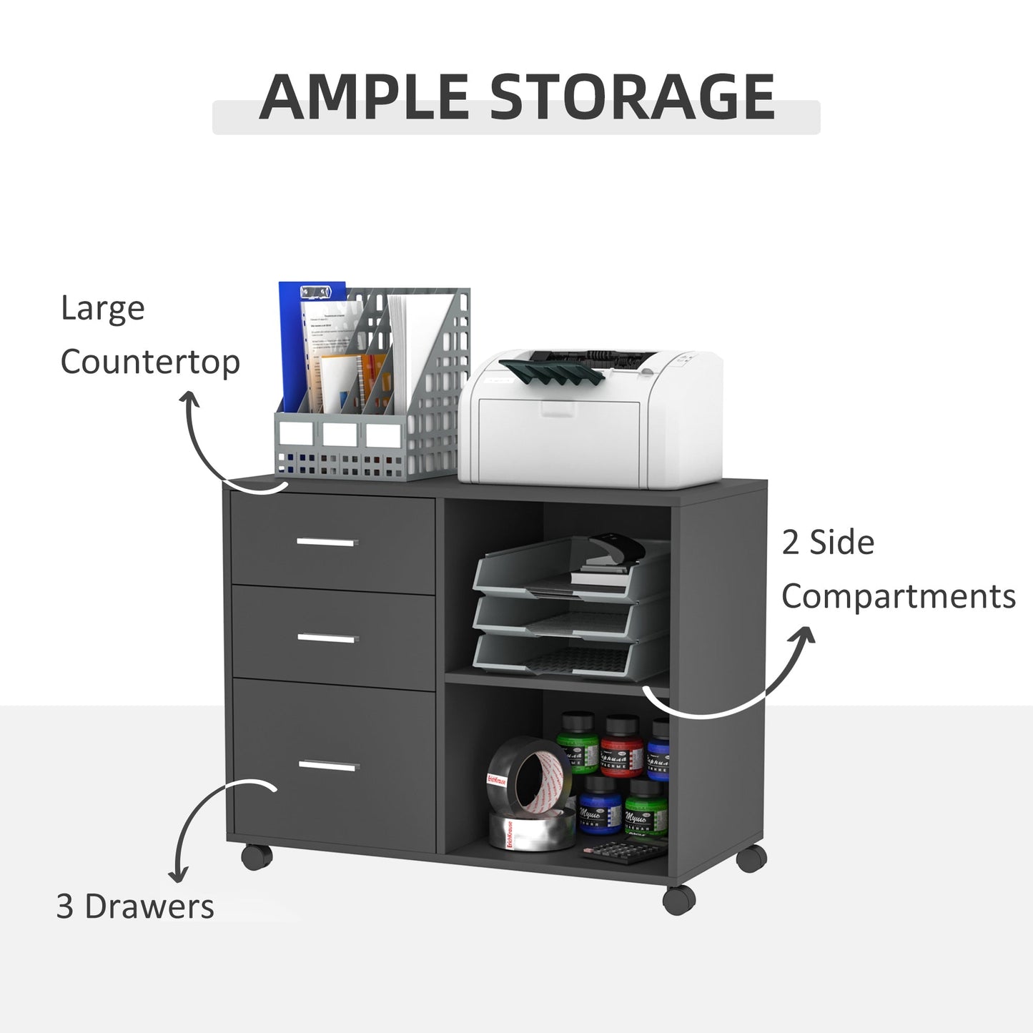 Modern Lateral Filing Cabinet, 3 Drawer File Cabinet, Mobile, Printer Stand with Open Shelves, Rolling Wheels, Grey Office Cabinets & Cupboards   at Gallery Canada