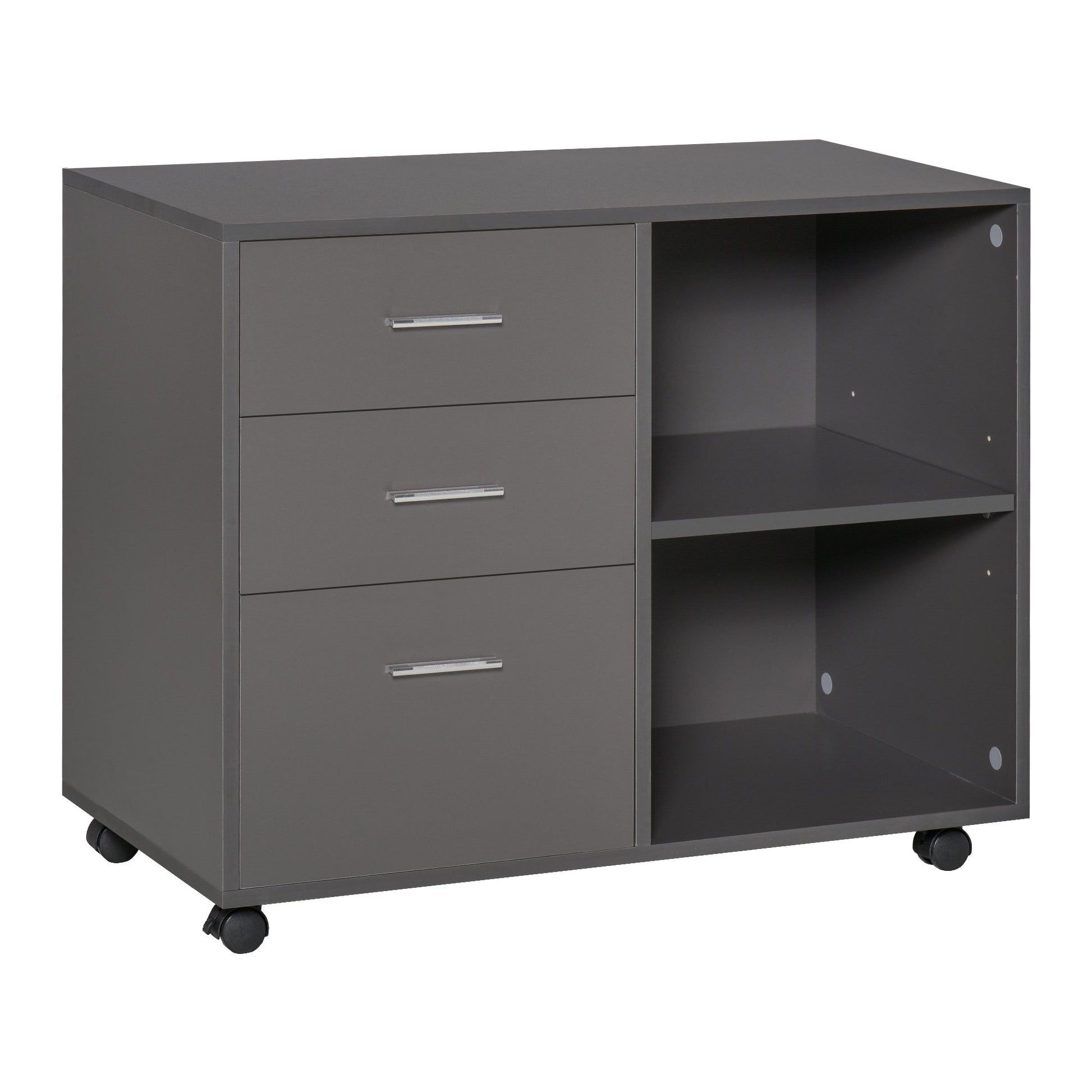 Modern Lateral Filing Cabinet, 3 Drawer File Cabinet, Mobile, Printer Stand with Open Shelves, Rolling Wheels, Grey Office Cabinets & Cupboards   at Gallery Canada