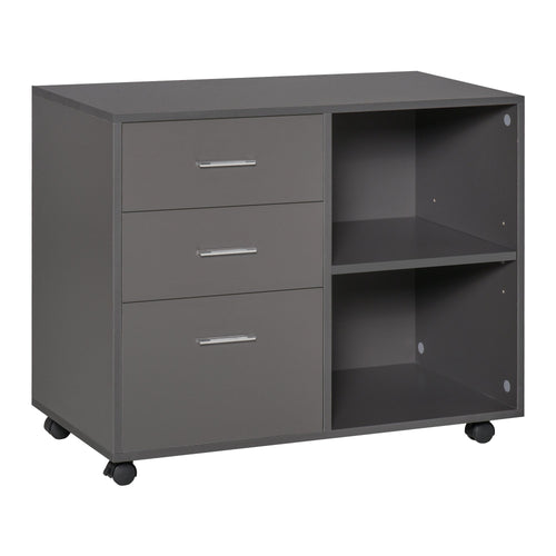 Modern Lateral Filing Cabinet, 3 Drawer File Cabinet, Mobile, Printer Stand with Open Shelves, Rolling Wheels, Grey