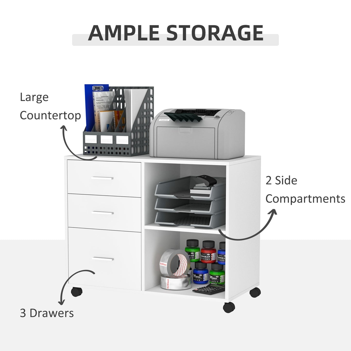 Modern Lateral Filing Cabinet, 3 Drawer File Cabinet, Mobile, Printer Stand with Open Shelves, Rolling Wheels, White Office Cabinets & Cupboards   at Gallery Canada