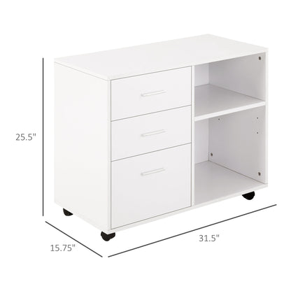 Modern Lateral Filing Cabinet, 3 Drawer File Cabinet, Mobile, Printer Stand with Open Shelves, Rolling Wheels, White Office Cabinets & Cupboards   at Gallery Canada