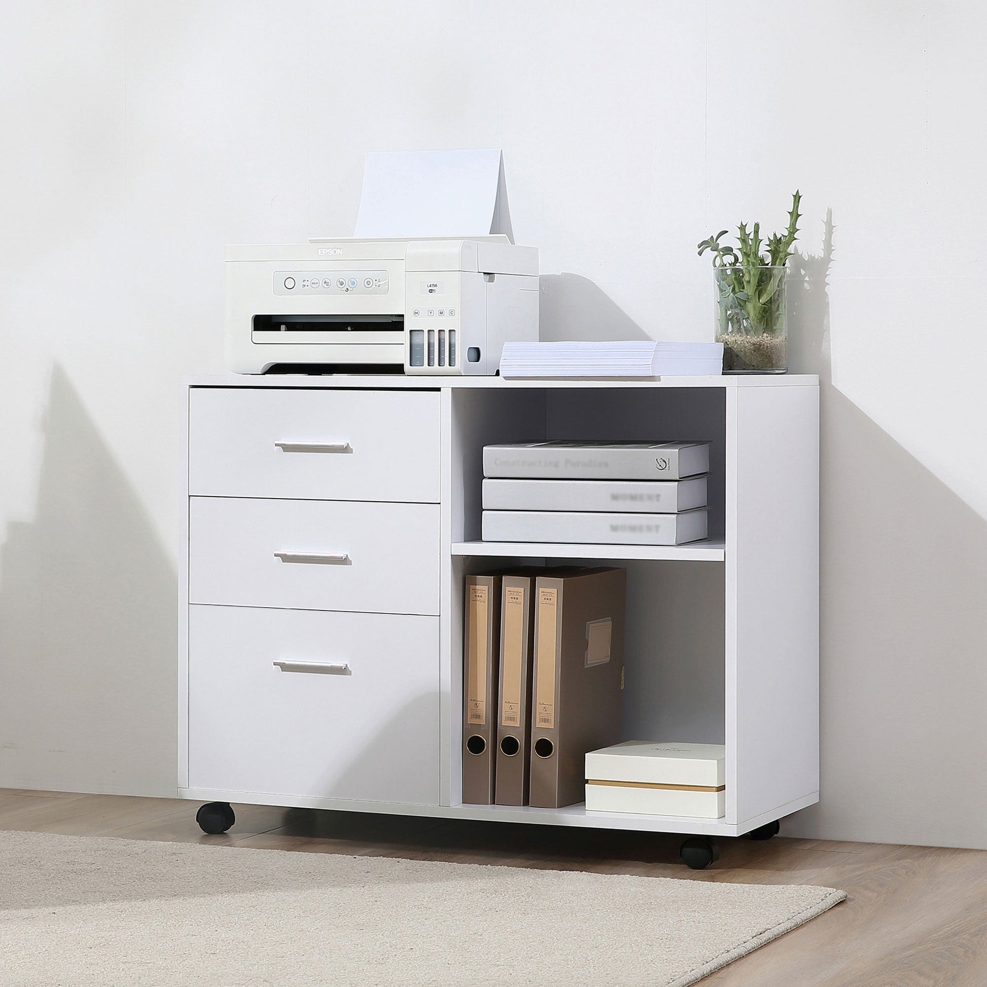 Modern Lateral Filing Cabinet, 3 Drawer File Cabinet, Mobile, Printer Stand with Open Shelves, Rolling Wheels, White Office Cabinets & Cupboards   at Gallery Canada