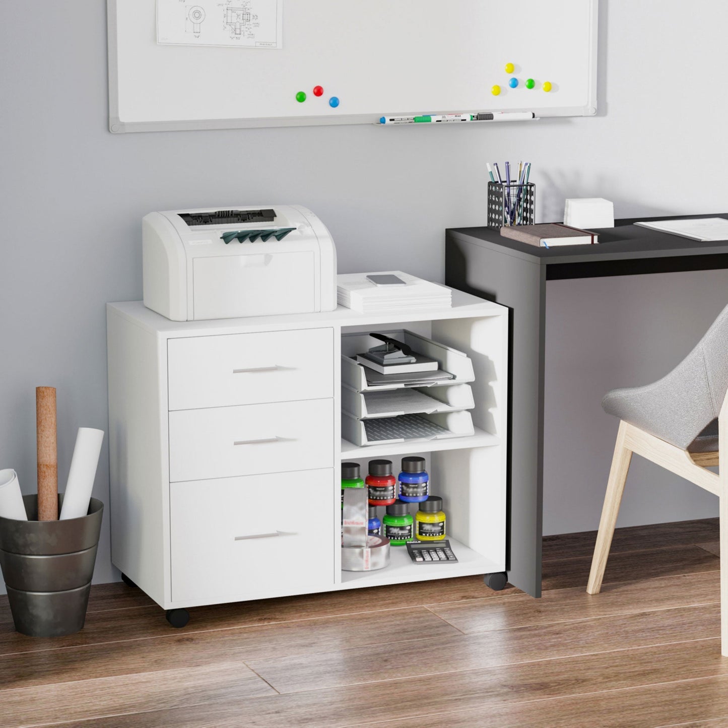 Modern Lateral Filing Cabinet, 3 Drawer File Cabinet, Mobile, Printer Stand with Open Shelves, Rolling Wheels, White Office Cabinets & Cupboards   at Gallery Canada