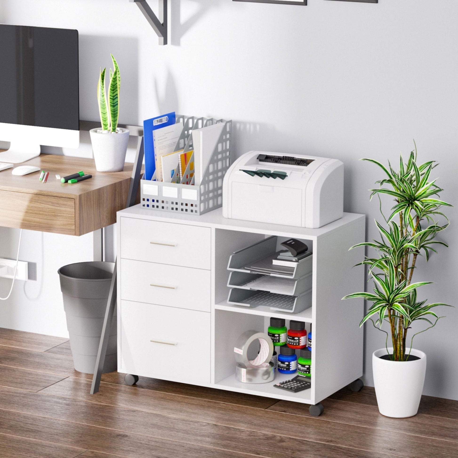 Modern Lateral Filing Cabinet, 3 Drawer File Cabinet, Mobile, Printer Stand with Open Shelves, Rolling Wheels, White Office Cabinets & Cupboards   at Gallery Canada