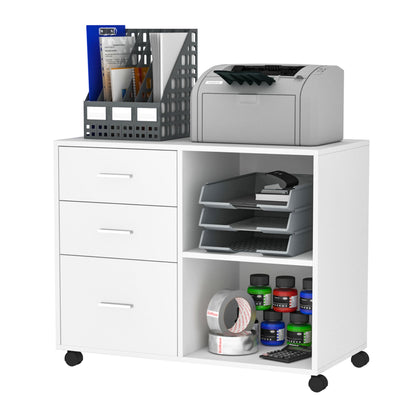 Modern Lateral Filing Cabinet, 3 Drawer File Cabinet, Mobile, Printer Stand with Open Shelves, Rolling Wheels, White Office Cabinets & Cupboards   at Gallery Canada