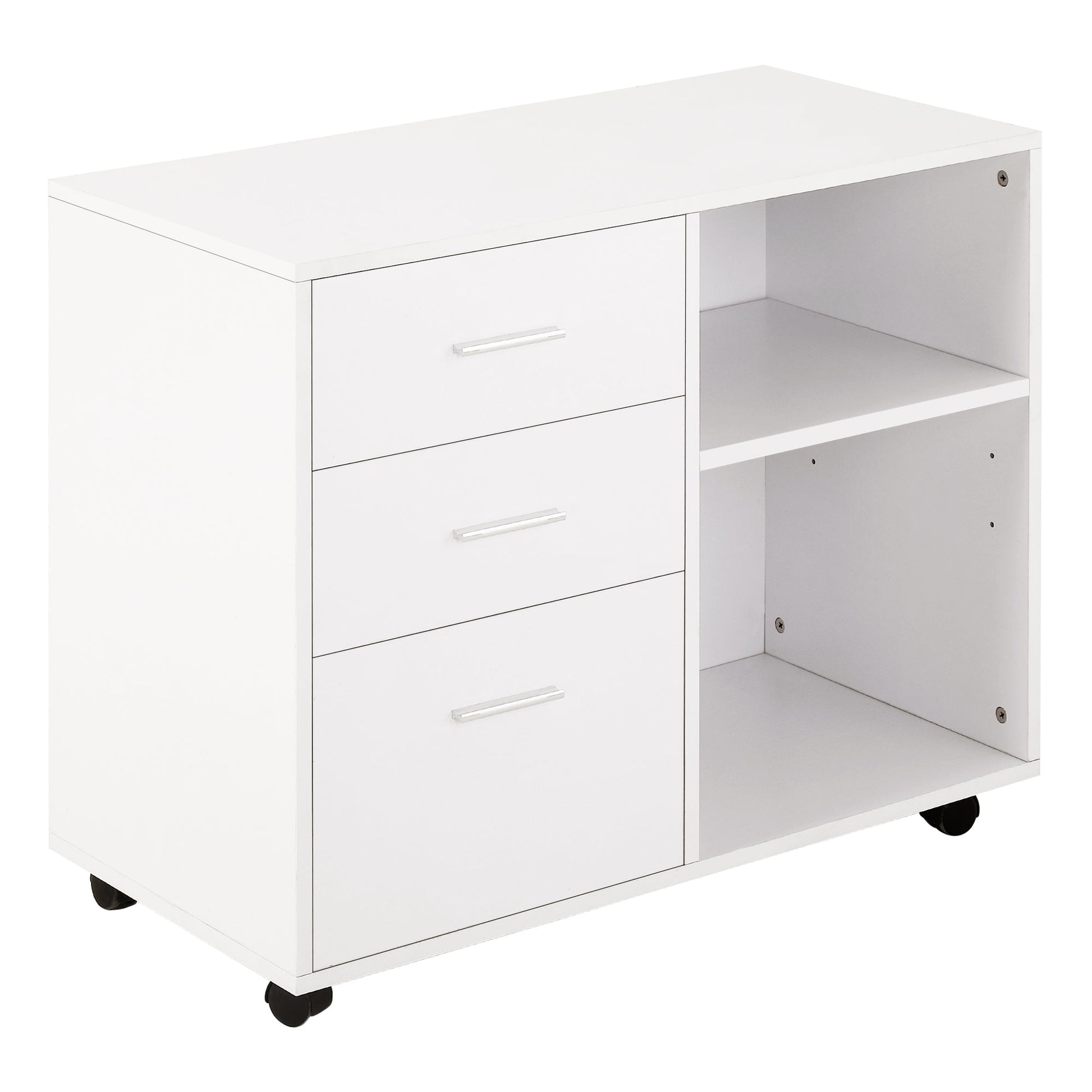 Modern Lateral Filing Cabinet, 3 Drawer File Cabinet, Mobile, Printer Stand with Open Shelves, Rolling Wheels, White Office Cabinets & Cupboards White  at Gallery Canada