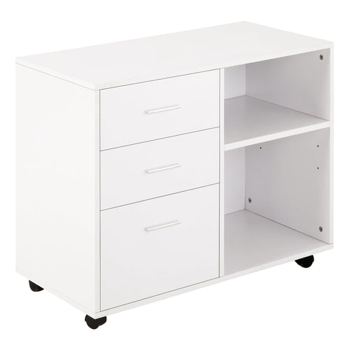 Modern Lateral Filing Cabinet, 3 Drawer File Cabinet, Mobile, Printer Stand with Open Shelves, Rolling Wheels, White