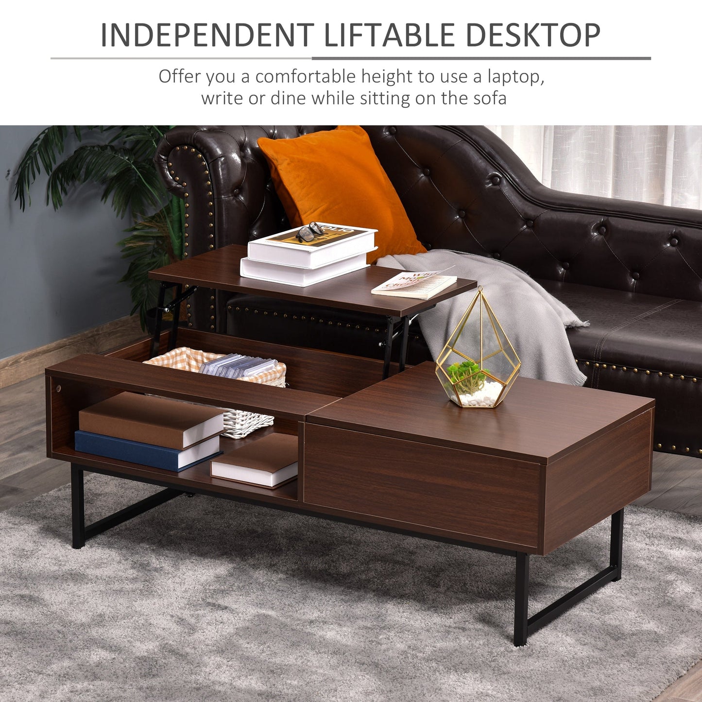 Modern Lift Top Coffee Table with Hidden Storage Compartment and Metal Frame, Center Table for Living Room, Brown Coffee Tables   at Gallery Canada