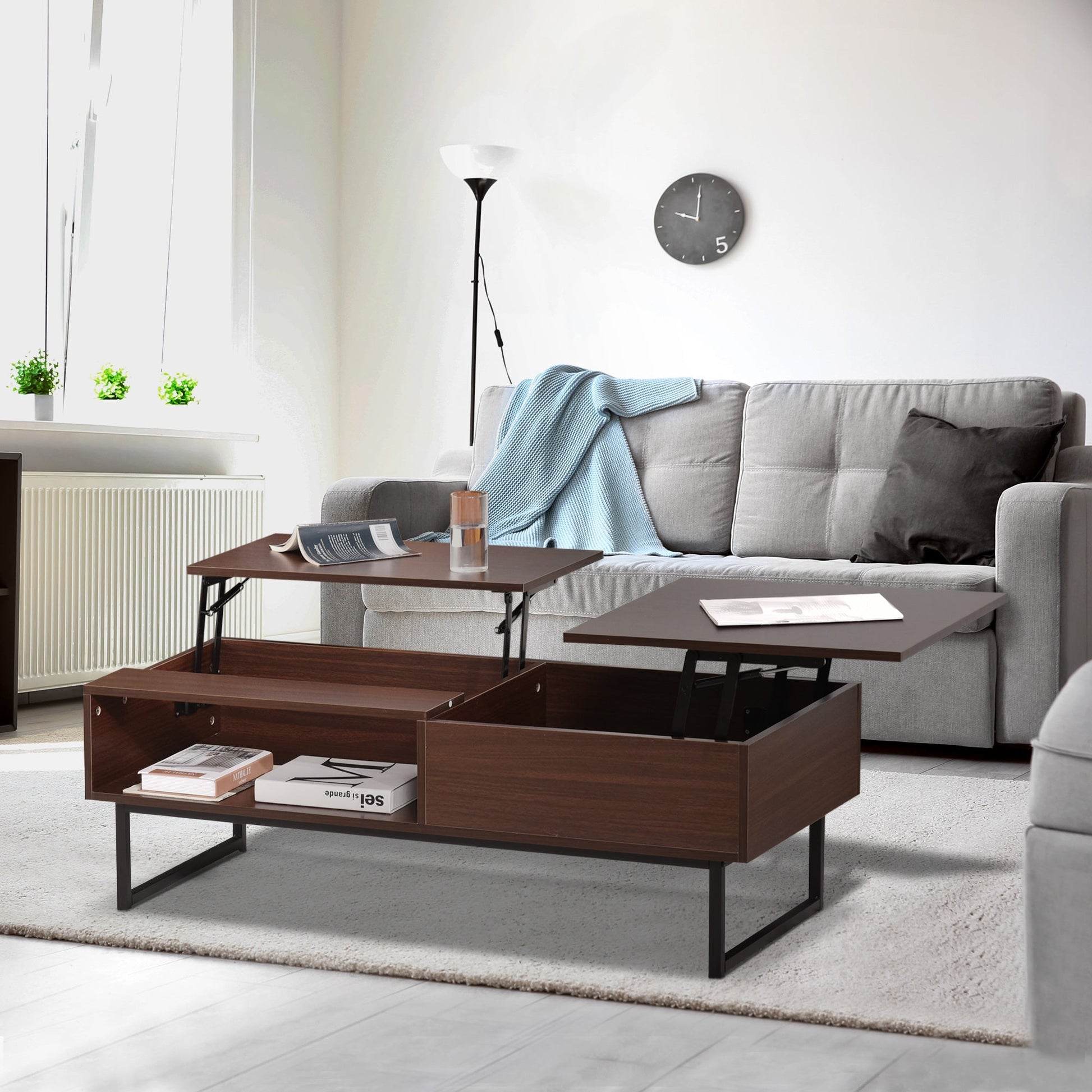 Modern Lift Top Coffee Table with Hidden Storage Compartment and Metal Frame, Center Table for Living Room, Brown Coffee Tables   at Gallery Canada