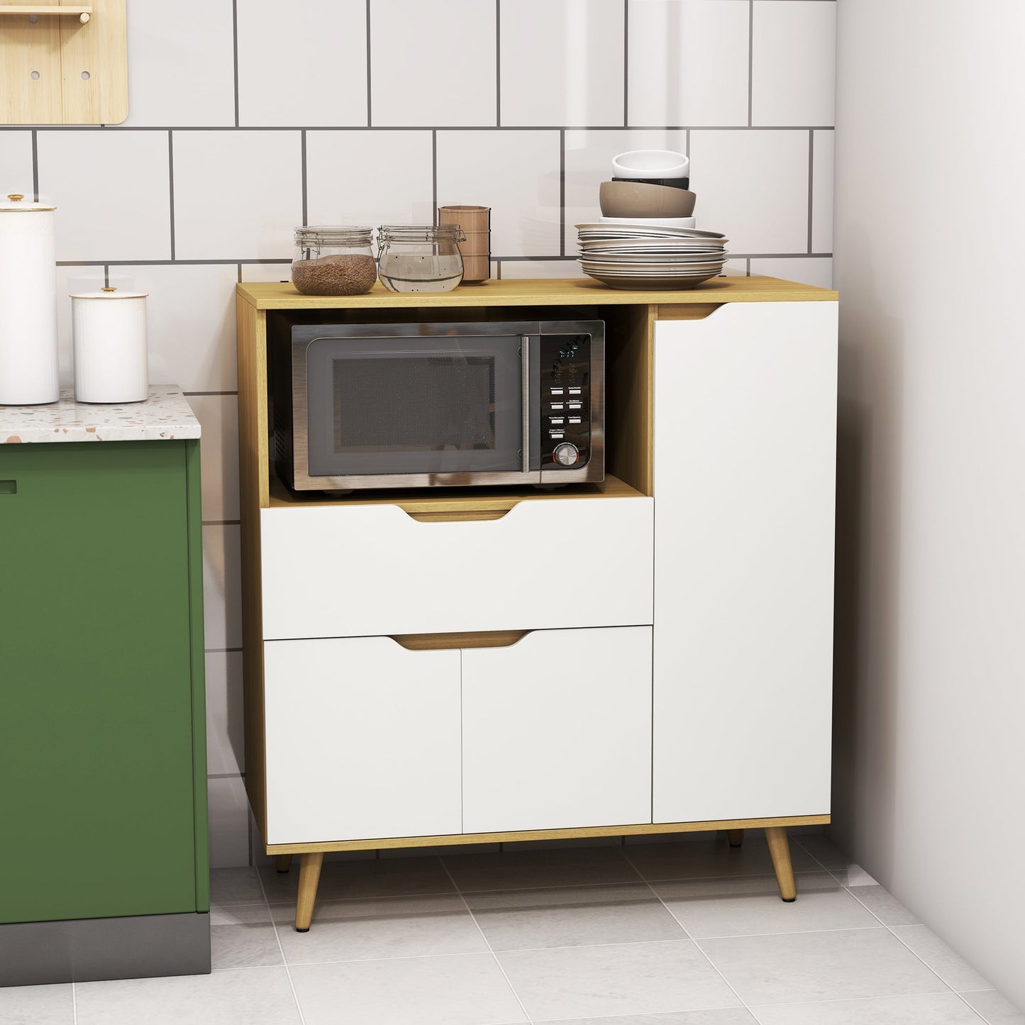 Modern Microwave Stand, Microwave Cabinet with Drawer, Storage Cupboards and Cable Hole for Kitchen, Dining Room, White Kitchen Pantry Cabinets   at Gallery Canada