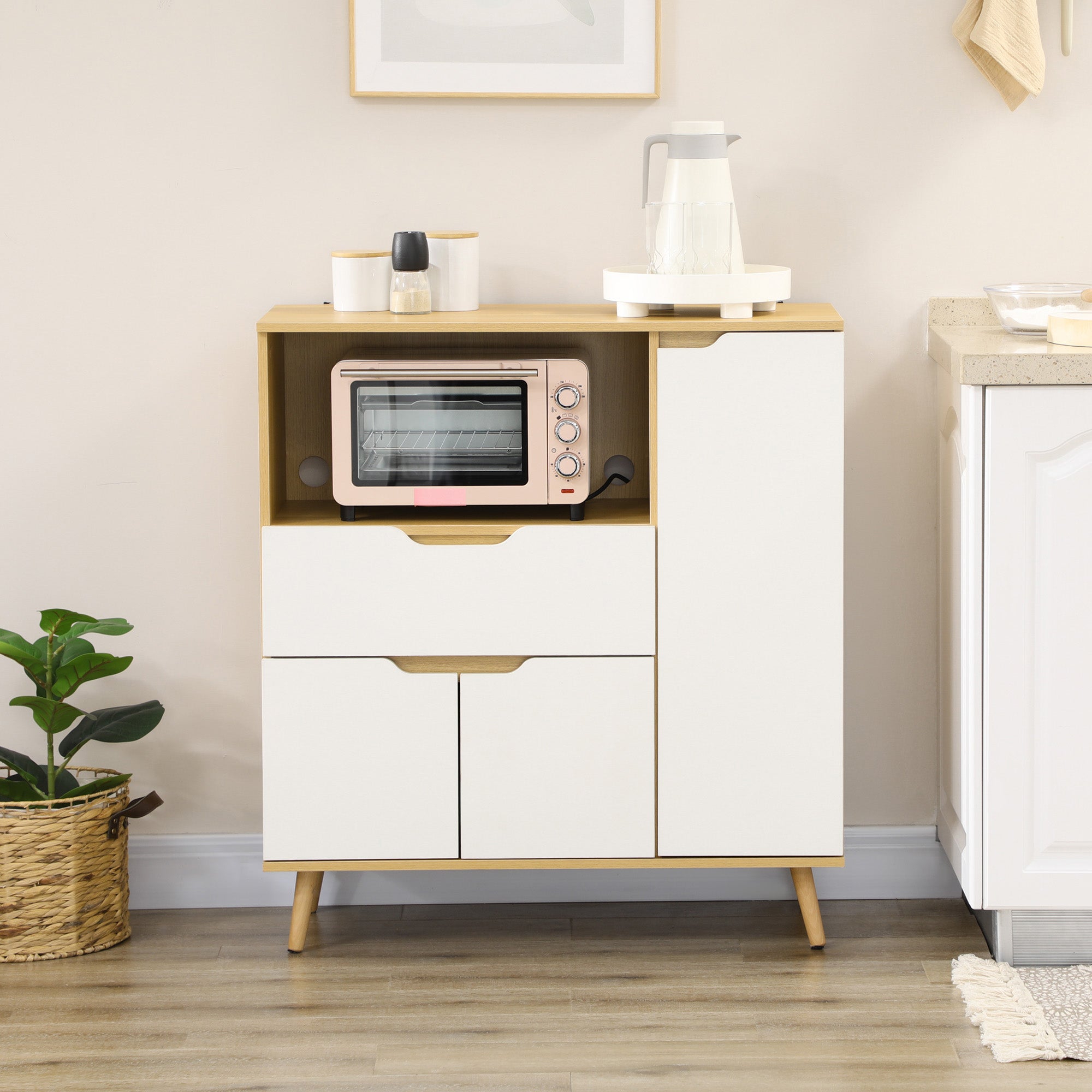 Modern Microwave Stand, Microwave Cabinet with Drawer, Storage Cupboards and Cable Hole for Kitchen, Dining Room, White Kitchen Pantry Cabinets   at Gallery Canada