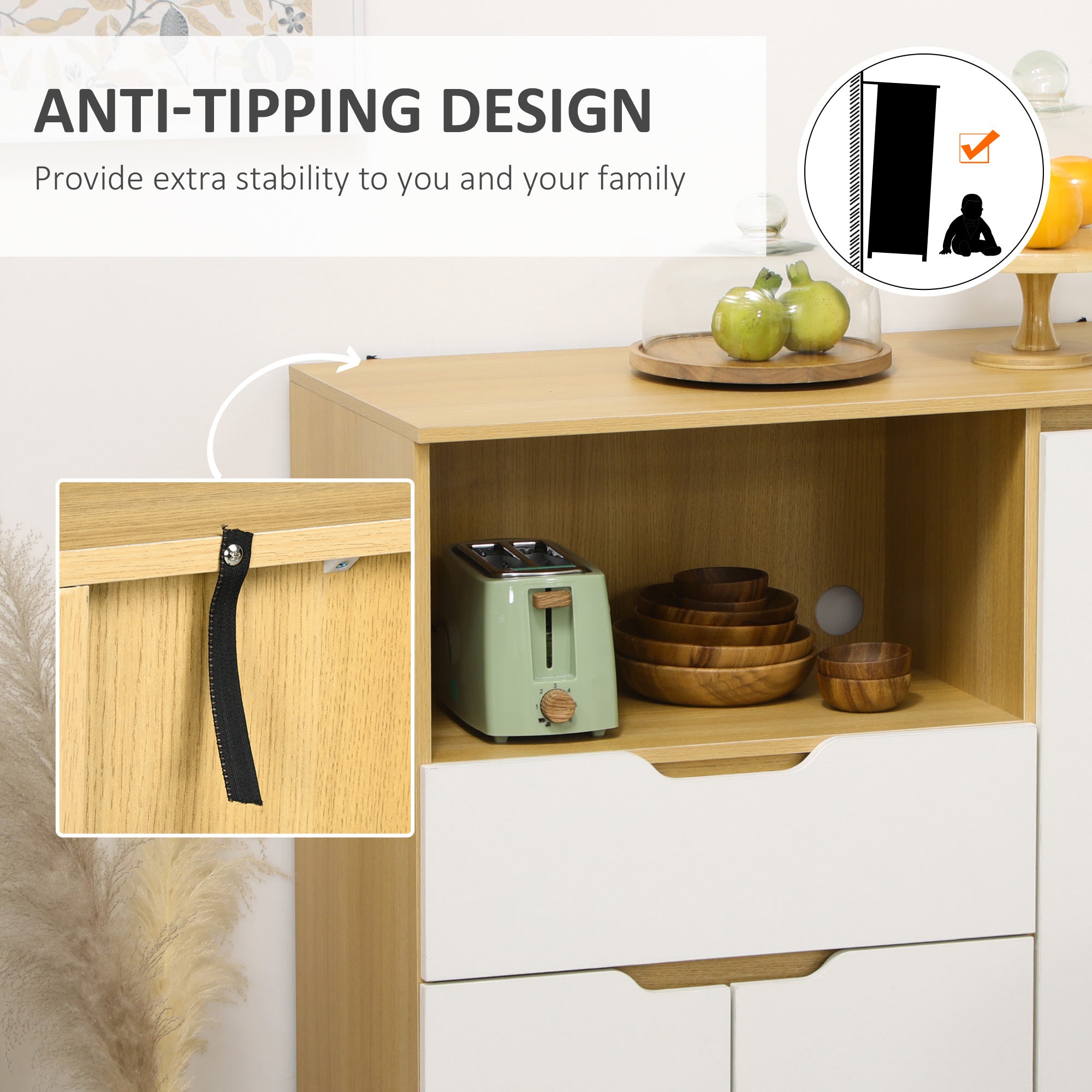 Modern Microwave Stand, Microwave Cabinet with Drawer, Storage Cupboards and Cable Hole for Kitchen, Dining Room, White Kitchen Pantry Cabinets   at Gallery Canada