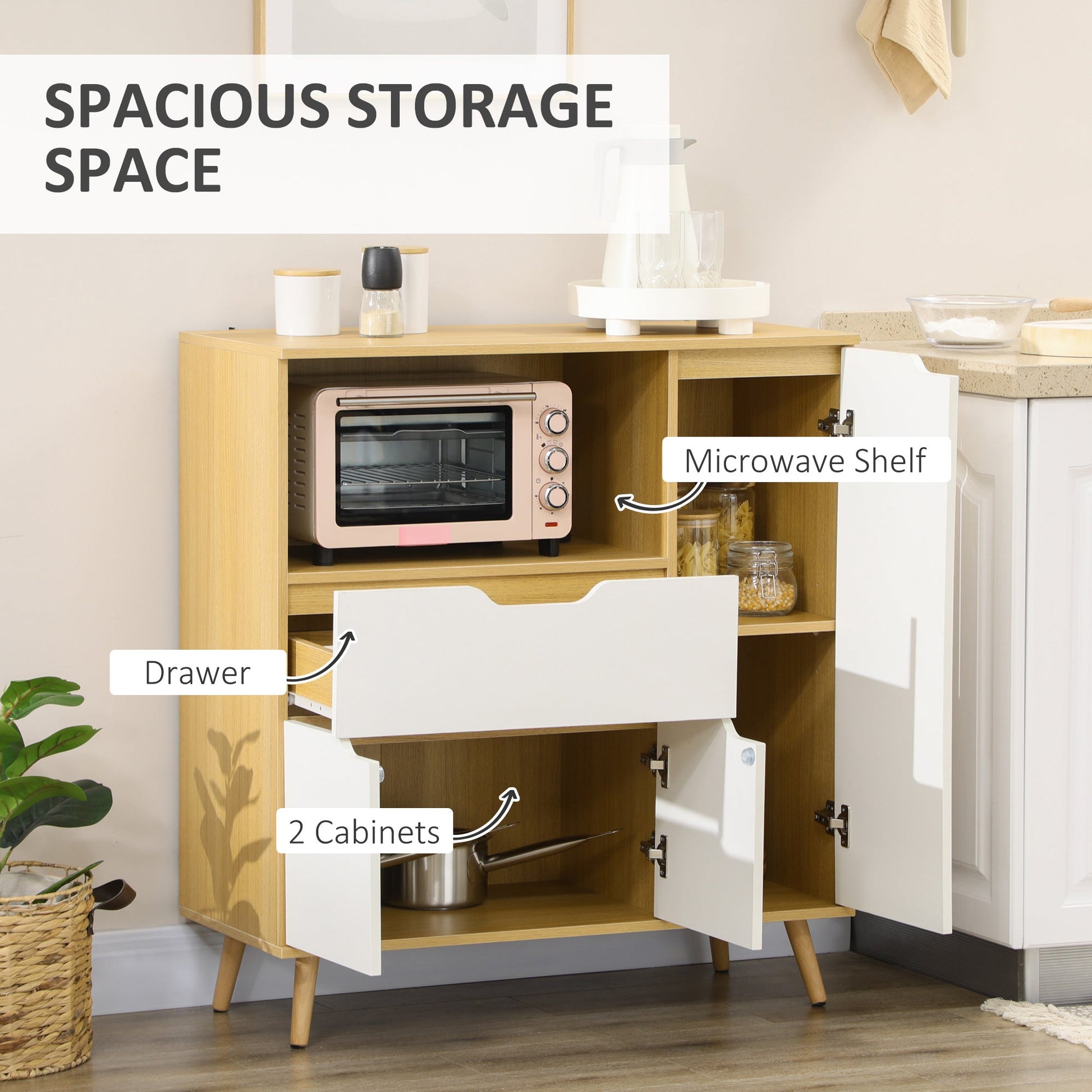 Modern Microwave Stand, Microwave Cabinet with Drawer, Storage Cupboards and Cable Hole for Kitchen, Dining Room, White Kitchen Pantry Cabinets   at Gallery Canada