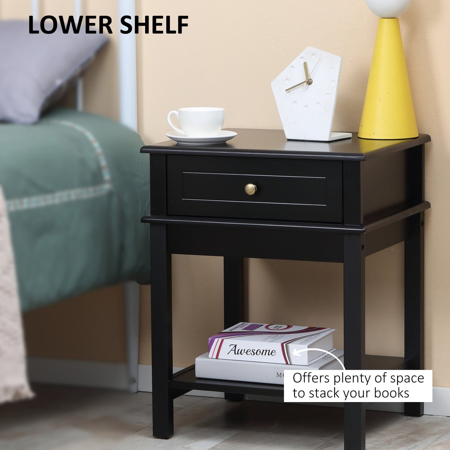 Modern Nightstand, Accent End Side Table with Drawer and Storage Shelf, Bedside Table for Bedroom, Black Bedside Tables   at Gallery Canada