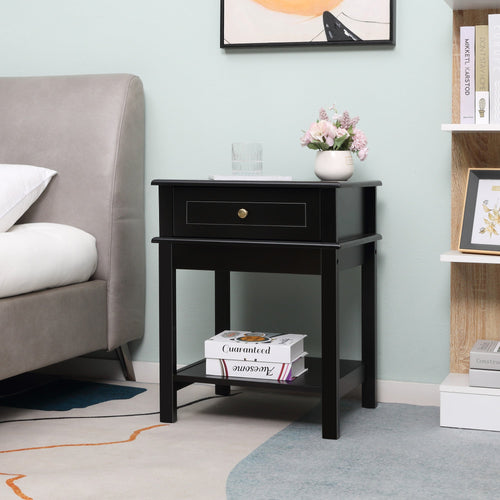 Modern Nightstand, Accent End Side Table with Drawer and Storage Shelf, Bedside Table for Bedroom, Black