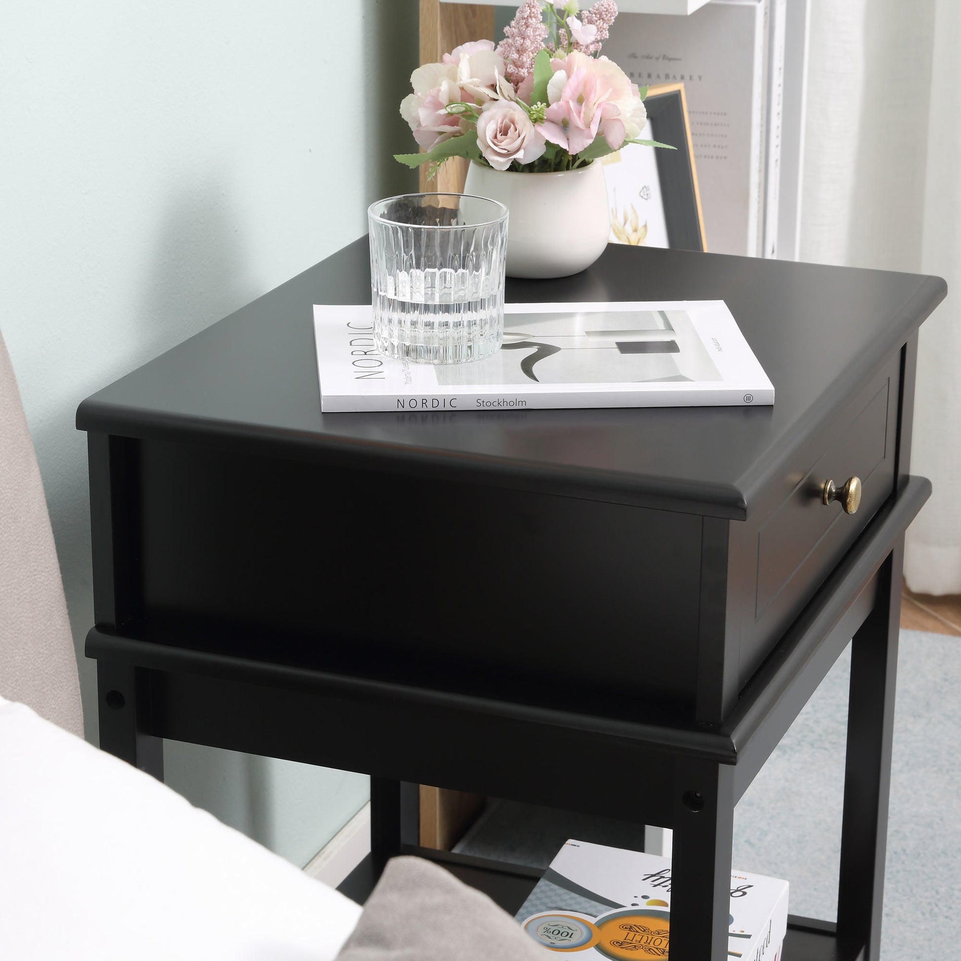 Modern Nightstand, Accent End Side Table with Drawer and Storage Shelf, Bedside Table for Bedroom, Black Bedside Tables   at Gallery Canada