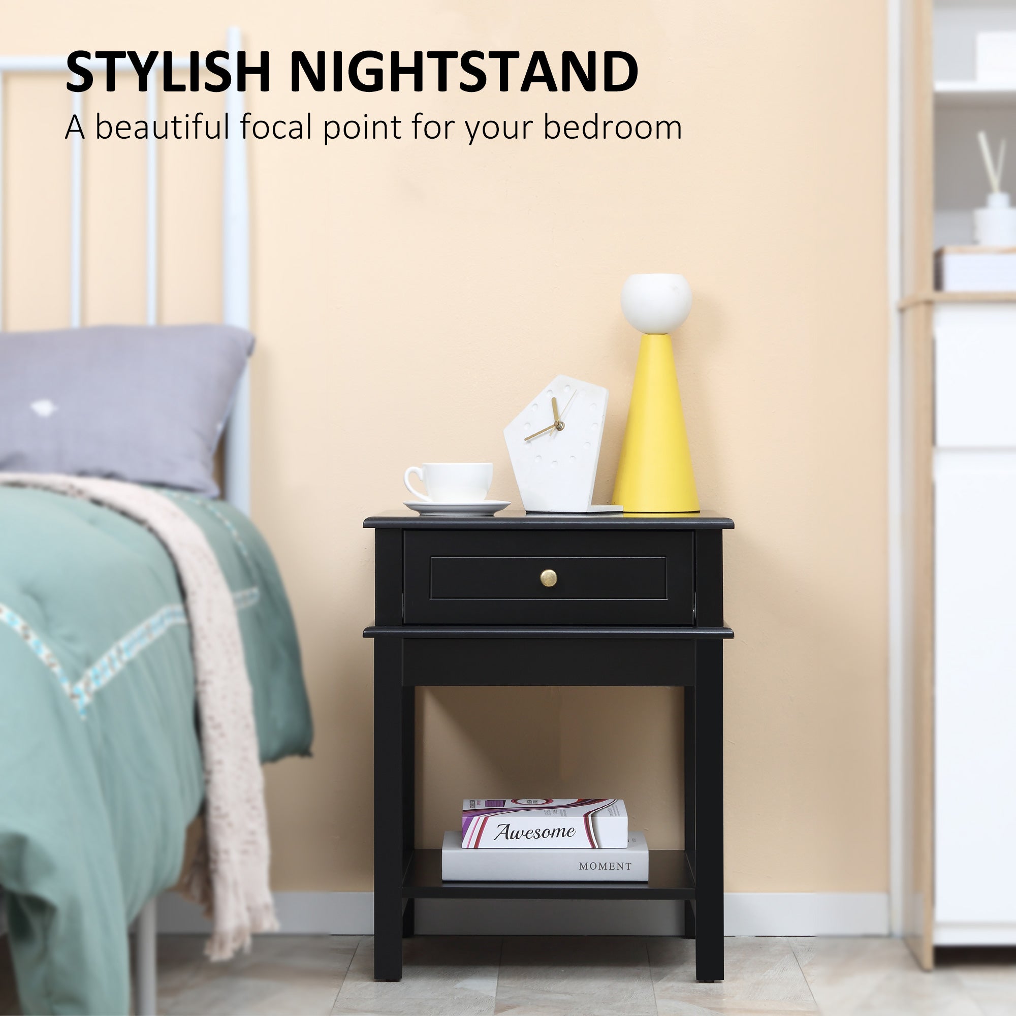 Modern Nightstand, Accent End Side Table with Drawer and Storage Shelf, Bedside Table for Bedroom, Black Bedside Tables   at Gallery Canada