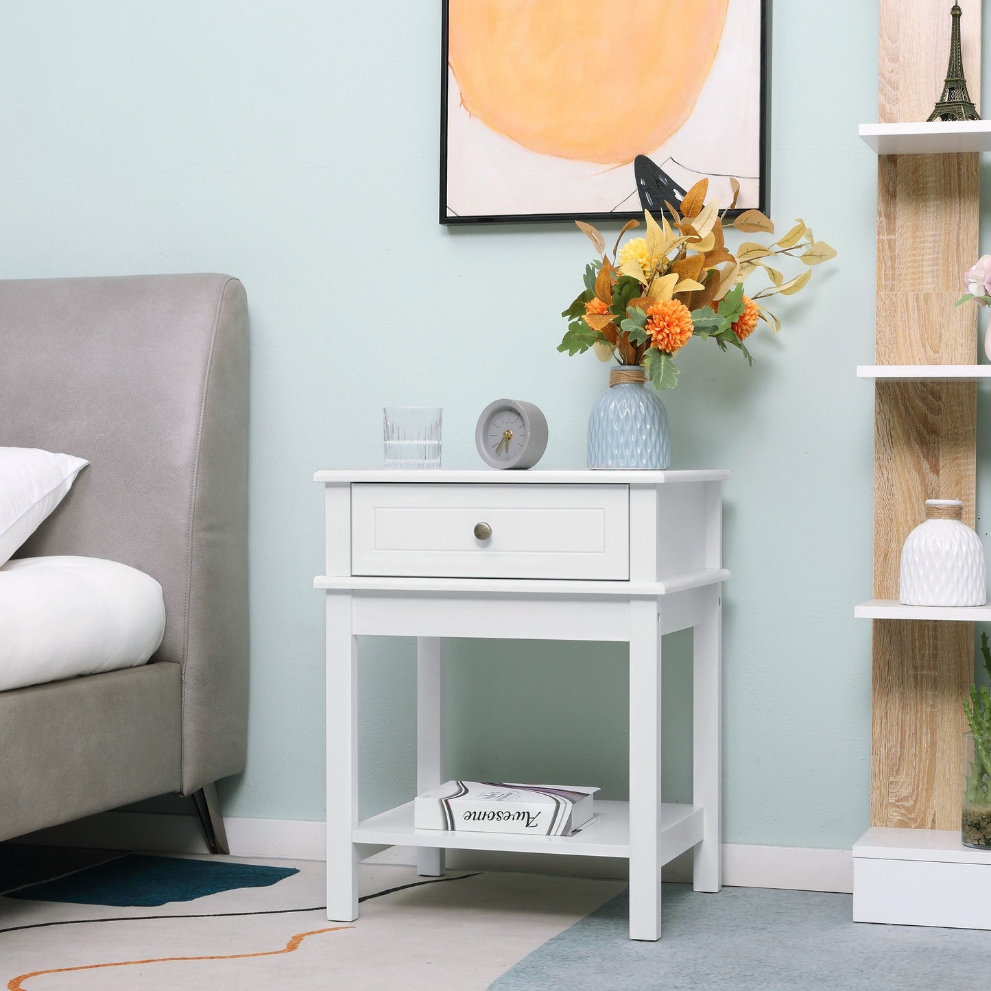 Modern Nightstand, Accent End Side Table with Drawer and Storage Shelf, Bedside Table for Bedroom, White Bedside Tables   at Gallery Canada