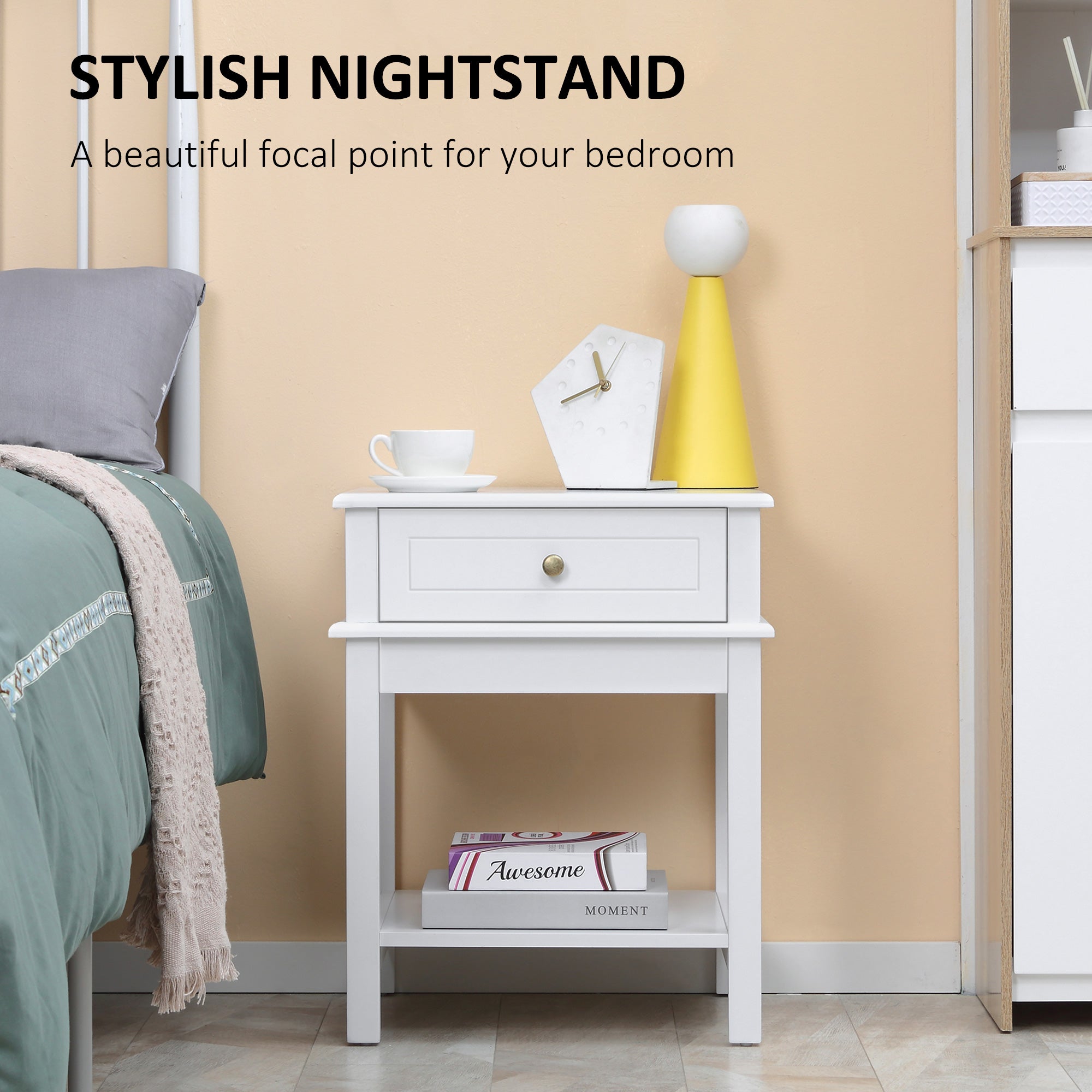 Modern Nightstand, Accent End Side Table with Drawer and Storage Shelf, Bedside Table for Bedroom, White Bedside Tables   at Gallery Canada