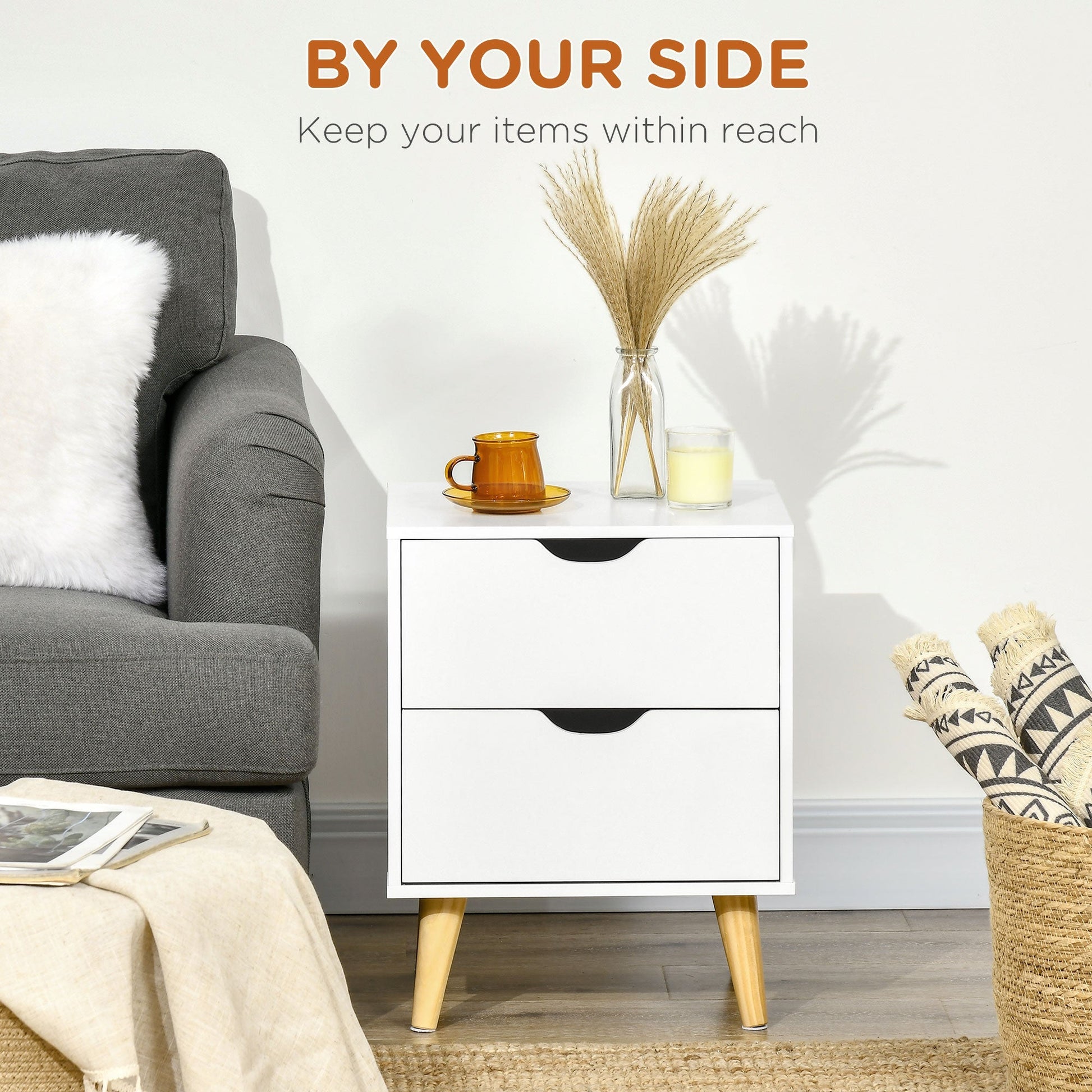 Modern Nightstand Bedside Table with 2 Drawers, End Table with Wood Legs for Bedroom, White Bedside Tables   at Gallery Canada