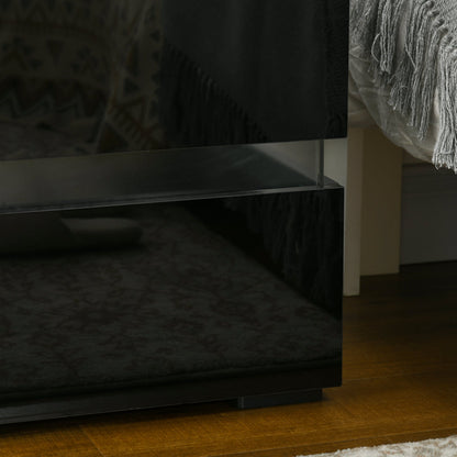 Modern Nightstand, Bedside Table with 2 High Gloss Drawers, USB Powered RGB LED Lights, Remote for Bedroom, Black Bedside Tables   at Gallery Canada