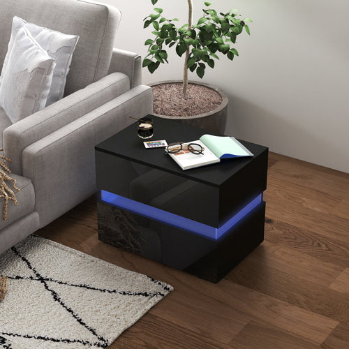 Modern Nightstand, Bedside Table with 2 High Gloss Drawers, USB Powered RGB LED Lights, Remote for Bedroom, Black