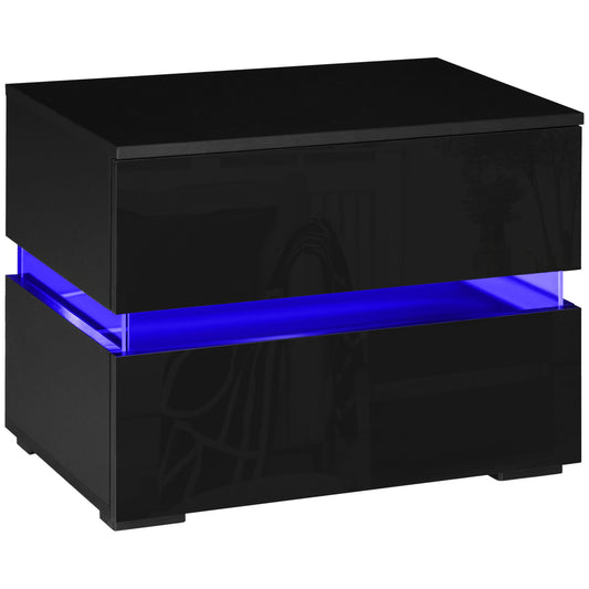 Modern Nightstand, Bedside Table with 2 High Gloss Drawers, USB Powered RGB LED Lights, Remote for Bedroom, Black - Gallery Canada