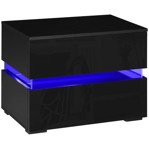 Modern Nightstand, Bedside Table with 2 High Gloss Drawers, USB Powered RGB LED Lights, Remote for Bedroom, Black