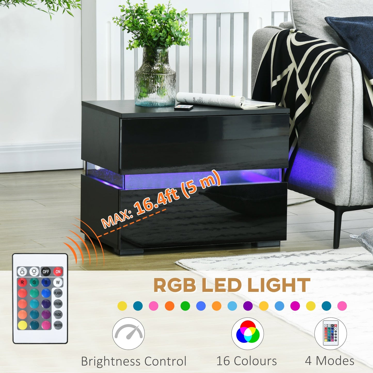 Modern Nightstand, Bedside Table with 2 High Gloss Drawers, USB Powered RGB LED Lights, Remote for Bedroom, Black Bedside Tables   at Gallery Canada