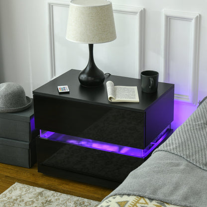 Modern Nightstand, Bedside Table with 2 High Gloss Drawers, USB Powered RGB LED Lights, Remote for Bedroom, Black Bedside Tables   at Gallery Canada