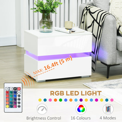 Modern Nightstand, Bedside Table with 2 High Gloss Drawers, USB Powered RGB LED Lights, Remote for Bedroom, White Bedside Tables   at Gallery Canada