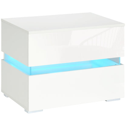 Modern Nightstand, Bedside Table with 2 High Gloss Drawers, USB Powered RGB LED Lights, Remote for Bedroom, White Bedside Tables White  at Gallery Canada