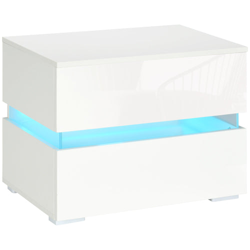 Modern Nightstand, Bedside Table with 2 High Gloss Drawers, USB Powered RGB LED Lights, Remote for Bedroom, White