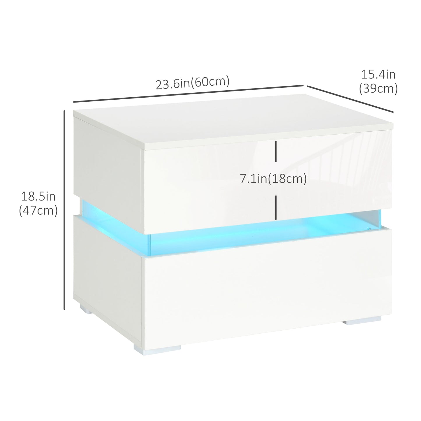 Modern Nightstand, Bedside Table with 2 High Gloss Drawers, USB Powered RGB LED Lights, Remote for Bedroom, White Bedside Tables   at Gallery Canada