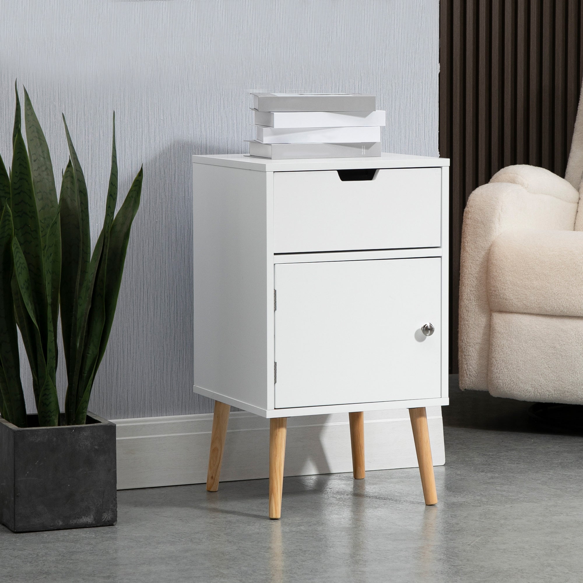 Modern Nightstand, Bedside Table with Drawer and Cupboard, Side End Table with Solid Wood Legs for Bedroom, White Bedside Tables   at Gallery Canada