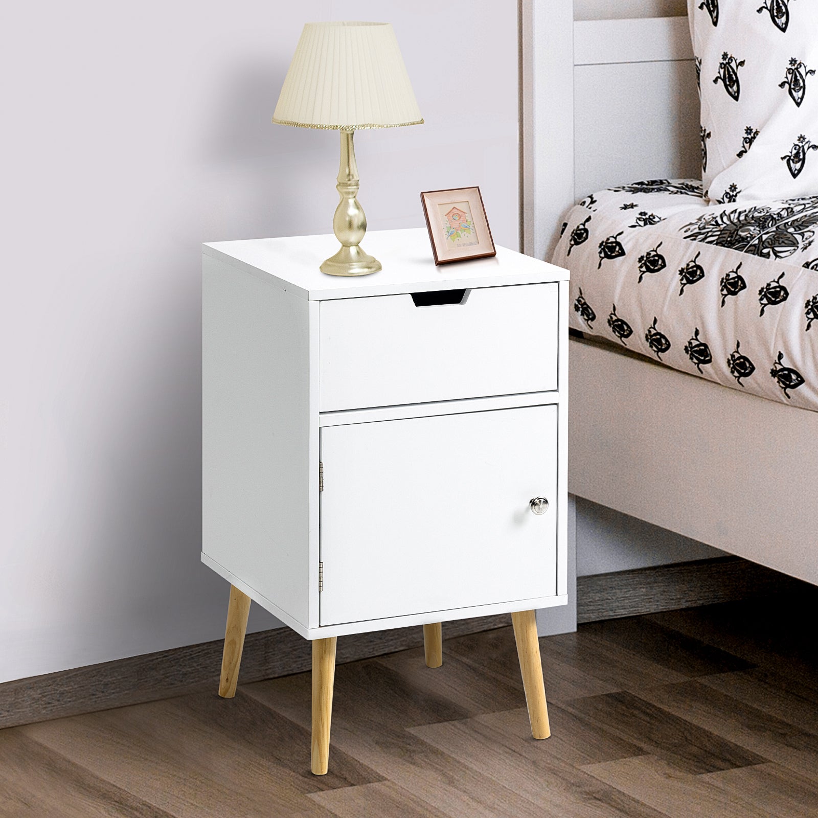 Modern Nightstand, Bedside Table with Drawer and Cupboard, Side End Table with Solid Wood Legs for Bedroom, White Bedside Tables   at Gallery Canada