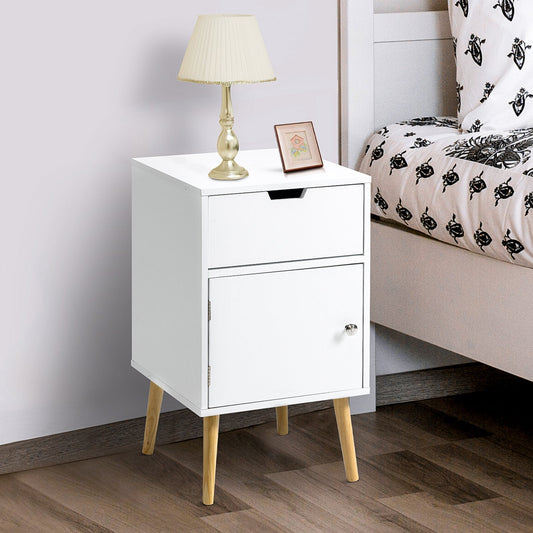 Modern Nightstand, Bedside Table with Drawer and Cupboard, Side End Table with Solid Wood Legs for Bedroom, White - Gallery Canada