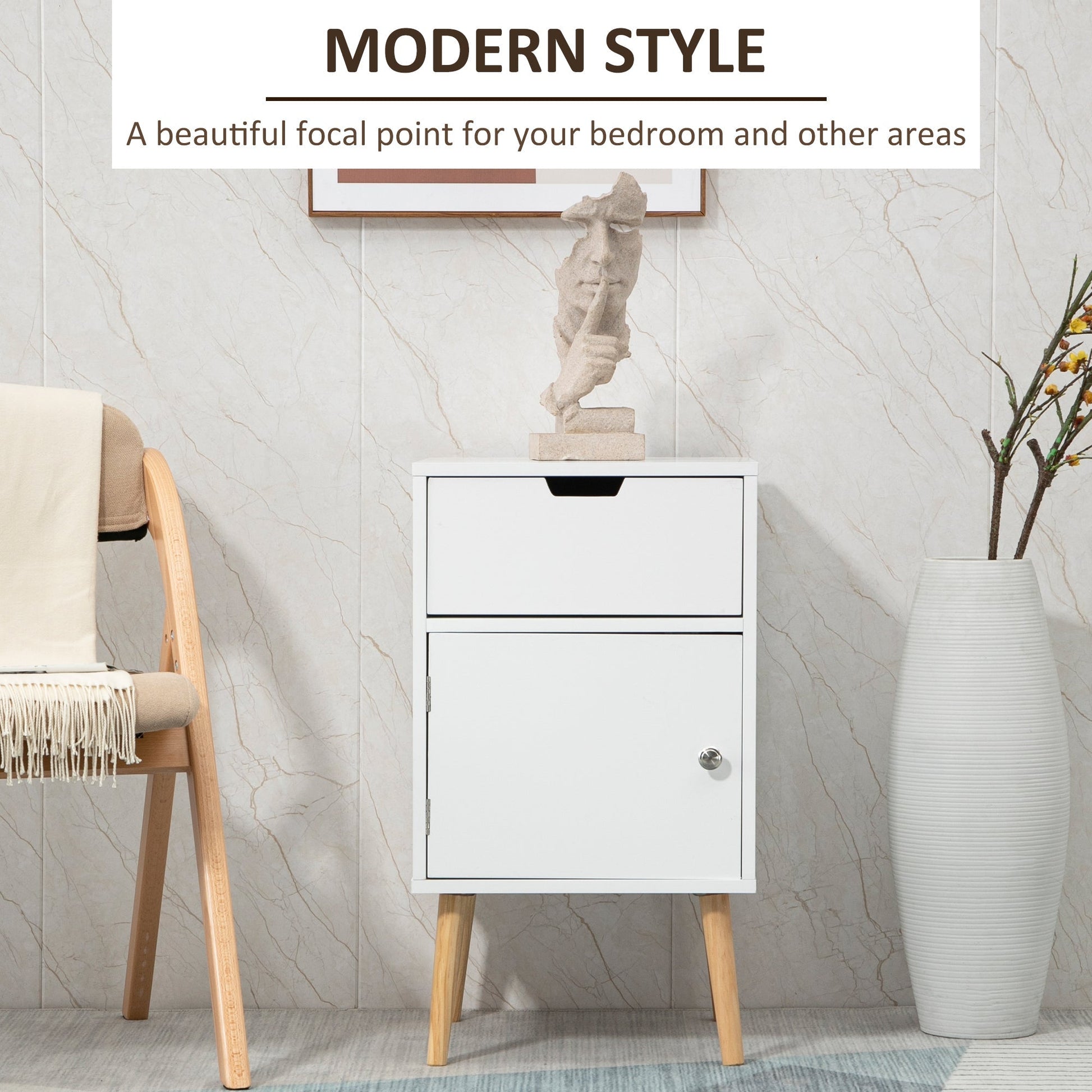 Modern Nightstand, Bedside Table with Drawer and Cupboard, Side End Table with Solid Wood Legs for Bedroom, White Bedside Tables   at Gallery Canada