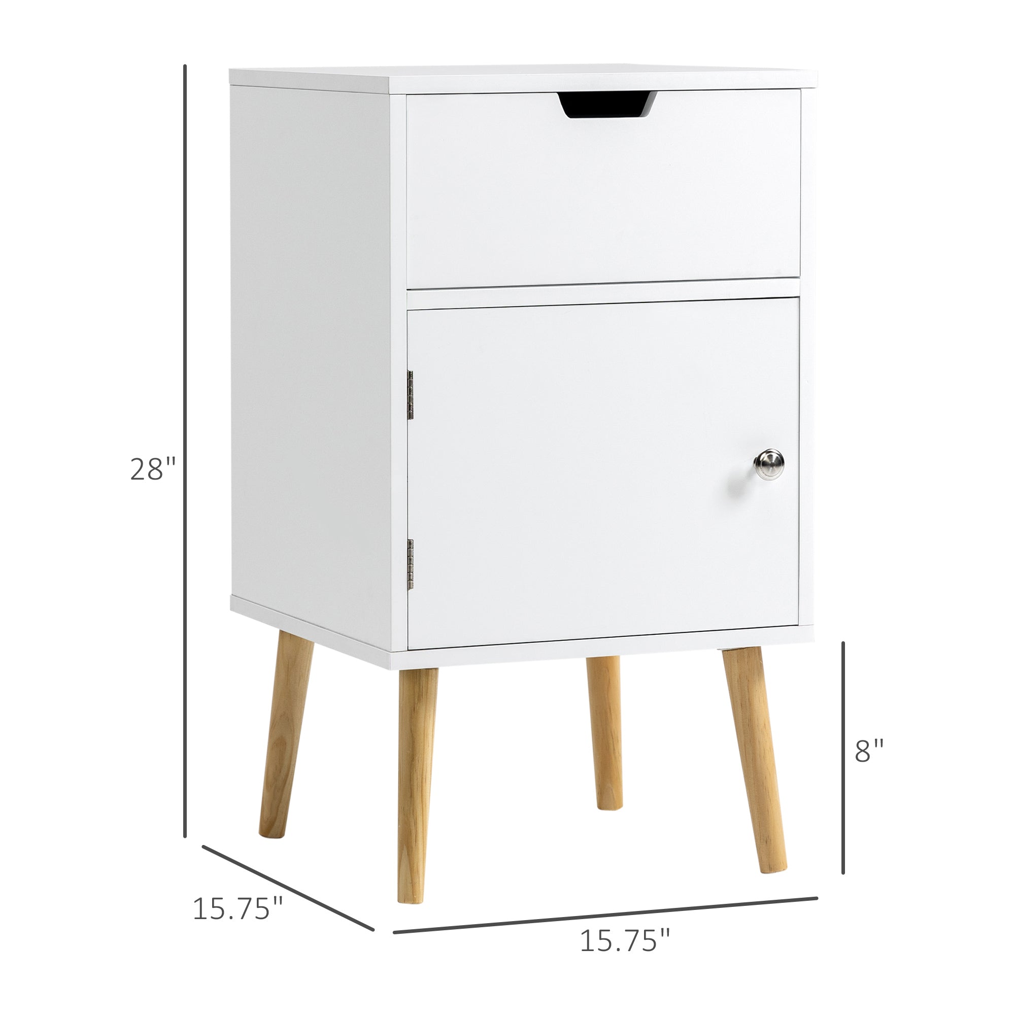 Modern Nightstand, Bedside Table with Drawer and Cupboard, Side End Table with Solid Wood Legs for Bedroom, White Bedside Tables   at Gallery Canada