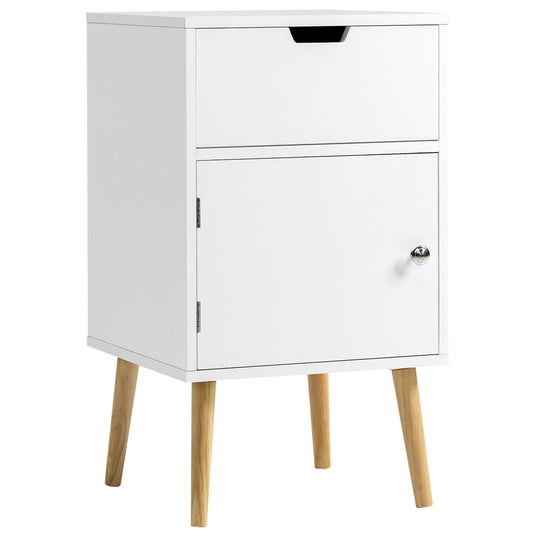 Modern Nightstand, Bedside Table with Drawer and Cupboard, Side End Table with Solid Wood Legs for Bedroom, White - Gallery Canada