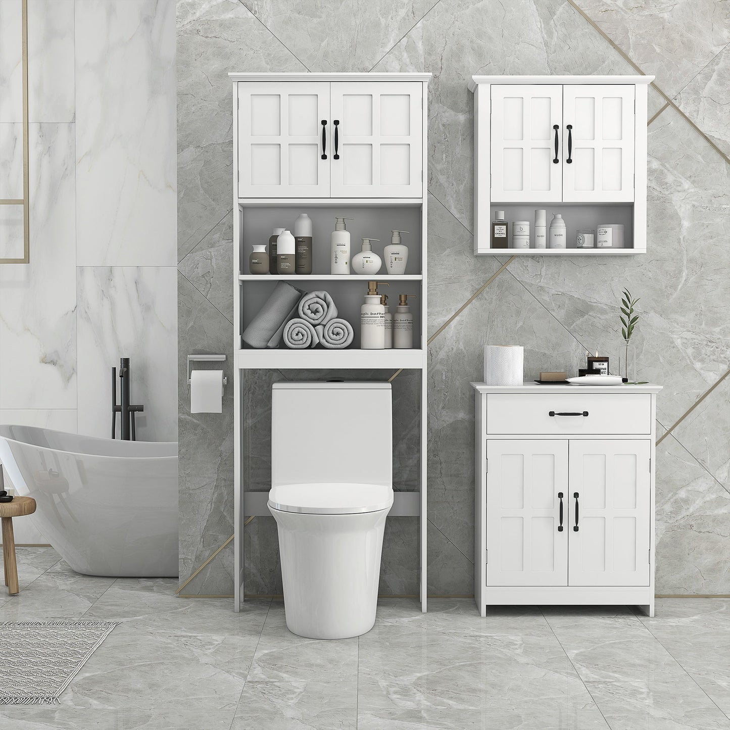 Modern Over The Toilet Storage, Bathroom Cabinets Over Toilet with Open Shelves and Double Door Cupboard, White Over The Toilet Storage   at Gallery Canada