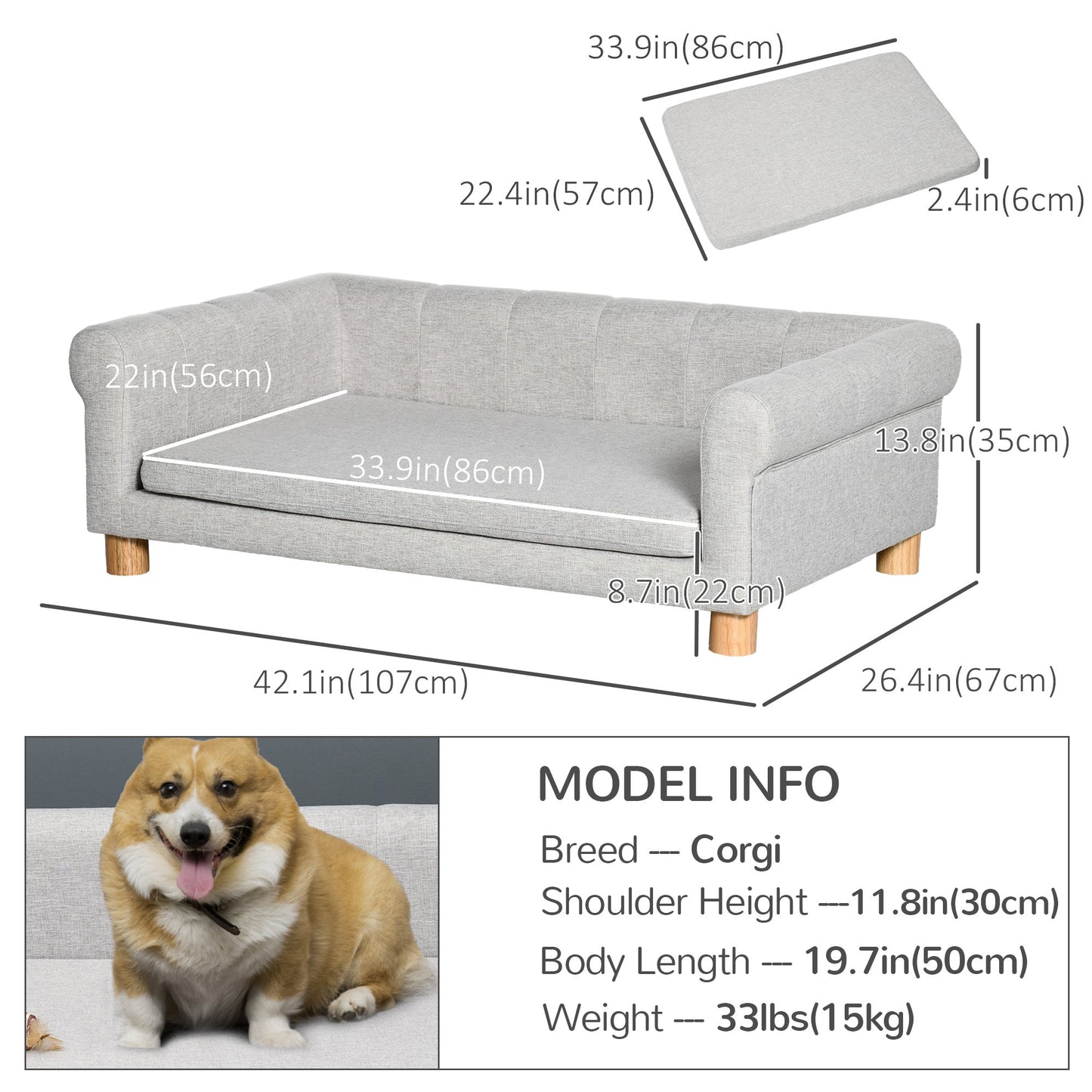 Modern Pet Sofa Cat or Medium Large Dog Bed W/ Removable Seat Cushion, Light Grey Dog Sofas Light Grey  at Gallery Canada