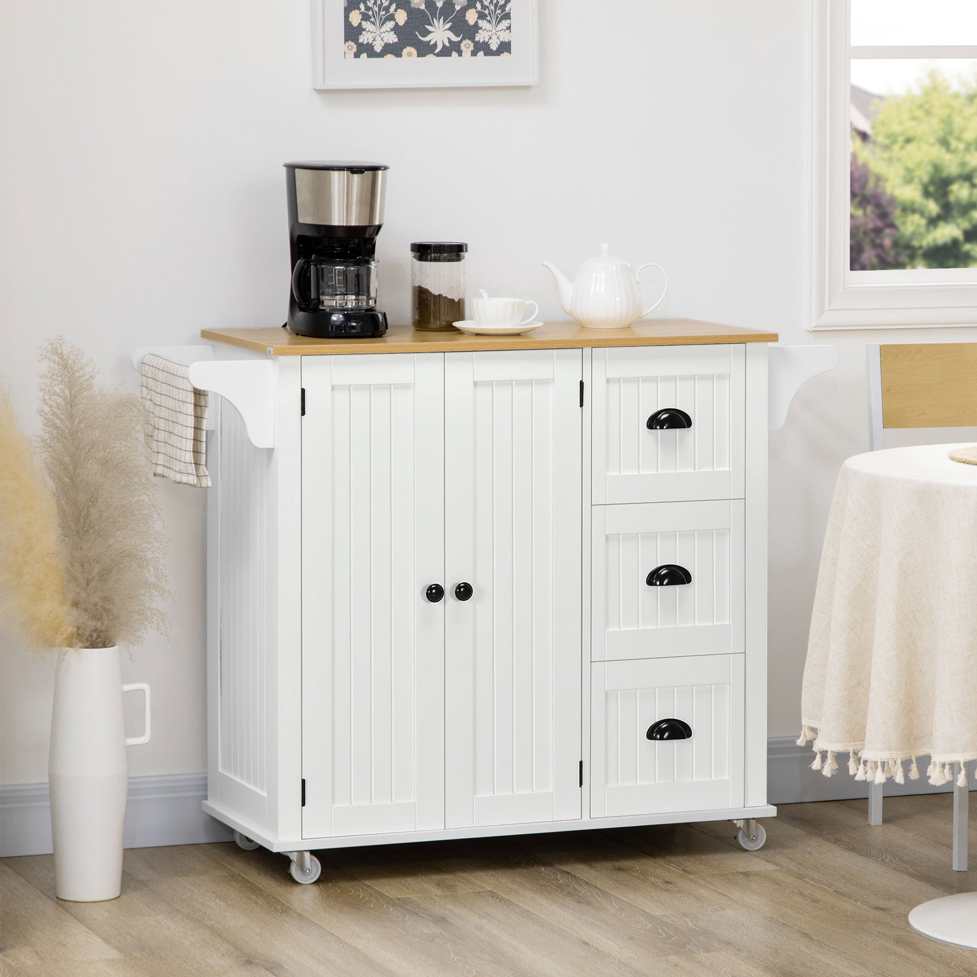 Modern Rolling Kitchen Island Cart with 3 Drawers Towel Rack Double Door Storage Cabinet White Kitchen Islands & Kitchen Carts   at Gallery Canada