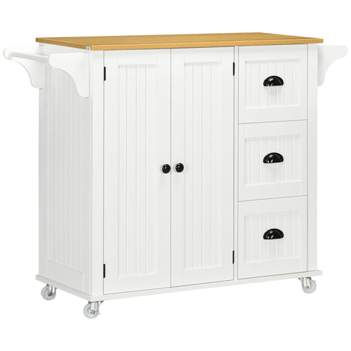 Modern Rolling Kitchen Island Cart with 3 Drawers Towel Rack Double Door Storage Cabinet White